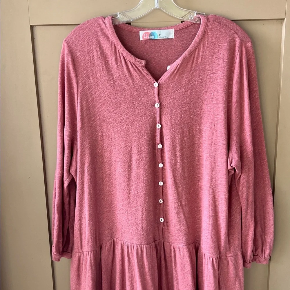Free People Beach XS Oversized Mauve Linen Blend Drop Waist Shirt Dress